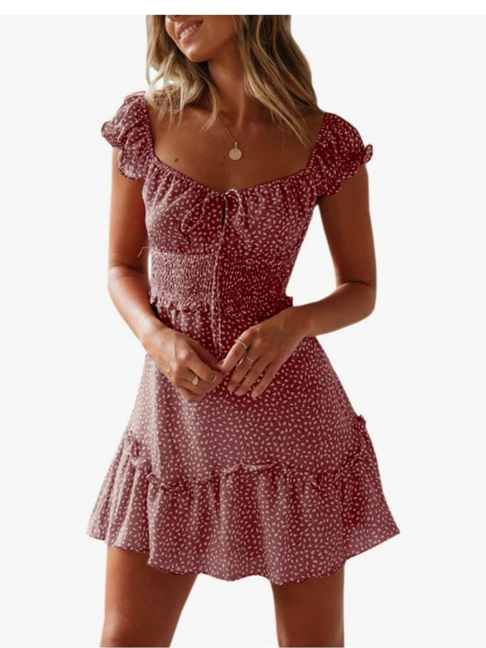 Mini Dress with White Dot Print Red